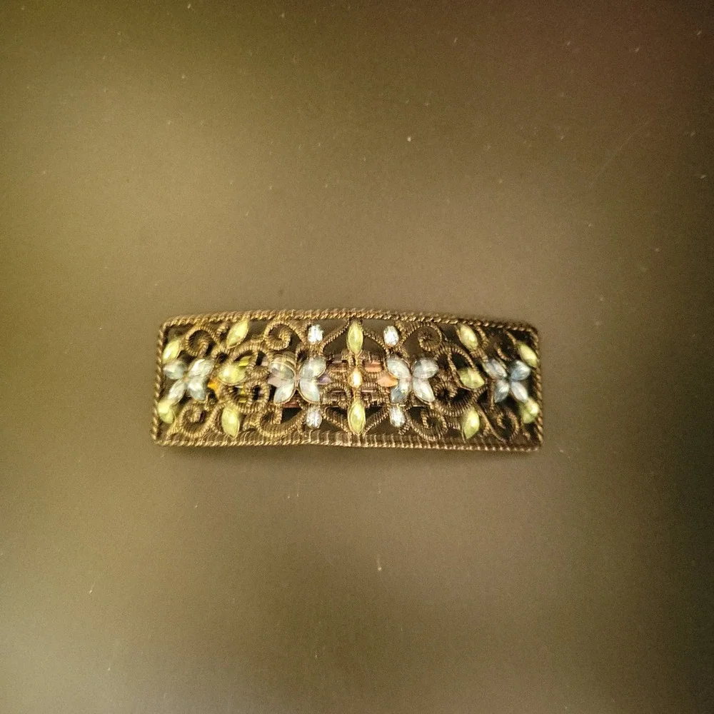 Vintage Bronze Filigree Rhinestone Floral Hair Barrette Clip 3.5